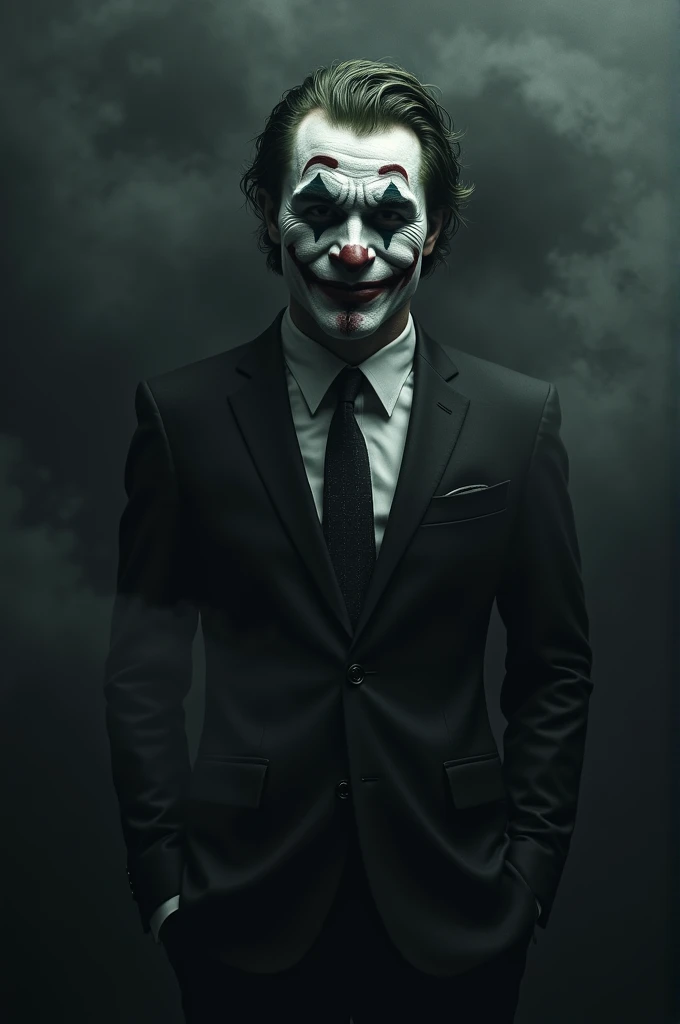 A man wearing a suit smiling while wearing joker mask with a crack at the mouth part of the mask with a background of dark black smoke