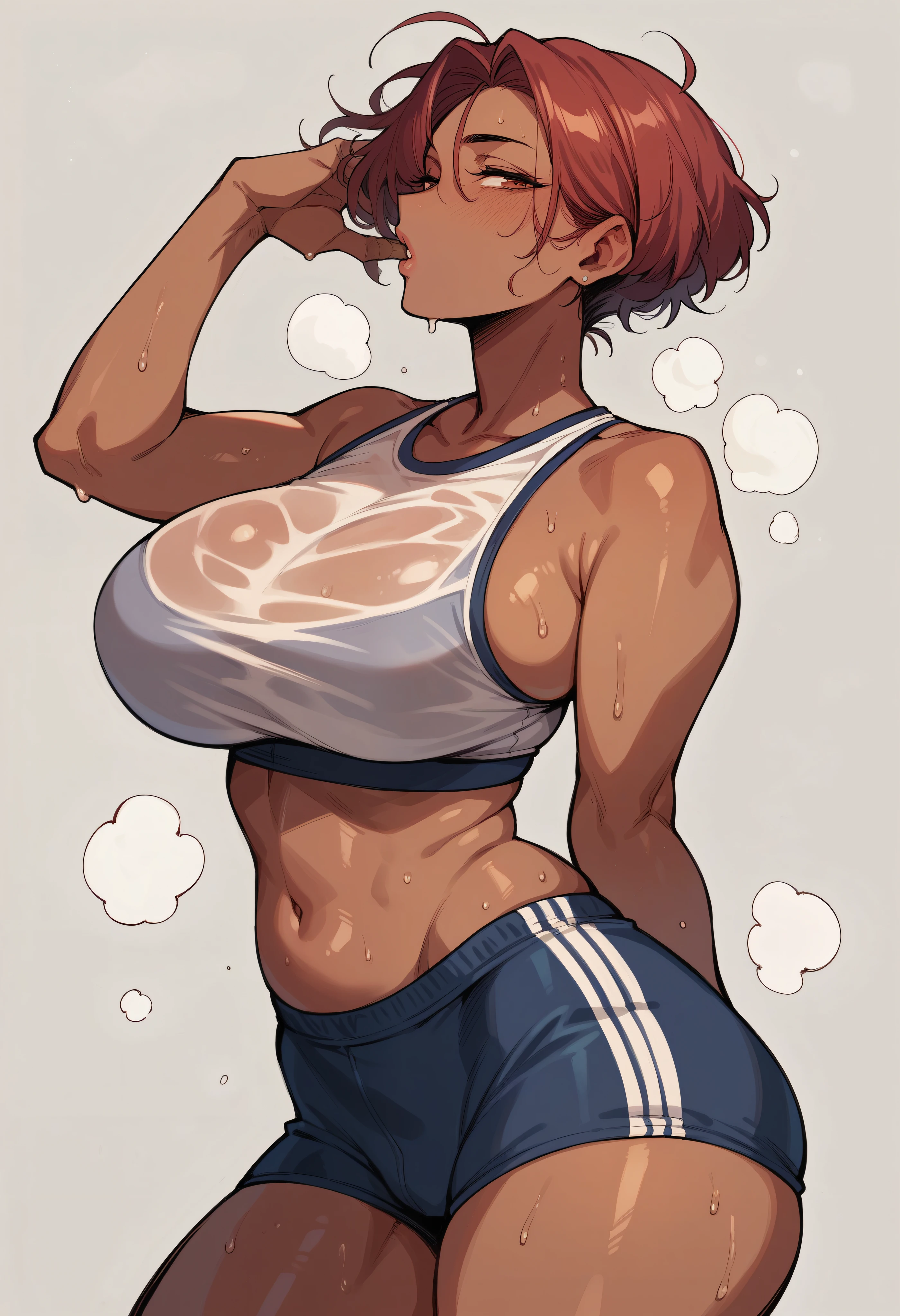 (8k, masterpiece, expensive, Ultra-fine illustrations, Blank Background:1.5), Perfect Anatomy, Single Shot, (From the side, whole body:2), (alone, Brown Hair, Short Hair), (Striped bikini,Top-heavy, Huge breasts:1.5), attractive, Sweat seeps, (steam)