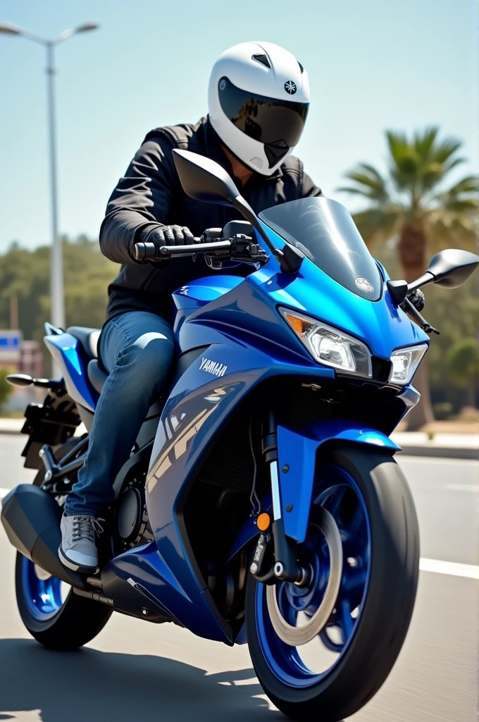Man with white motor cycle helmet riding blue yamaha aerox 155 rcb mags