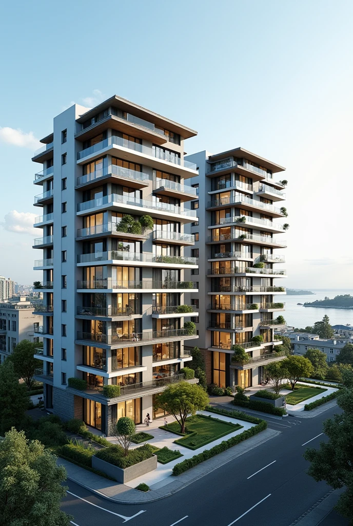 Facade of two high-density multi-family buildings with balconies and bioclimatic sea in a residential area with more floors
