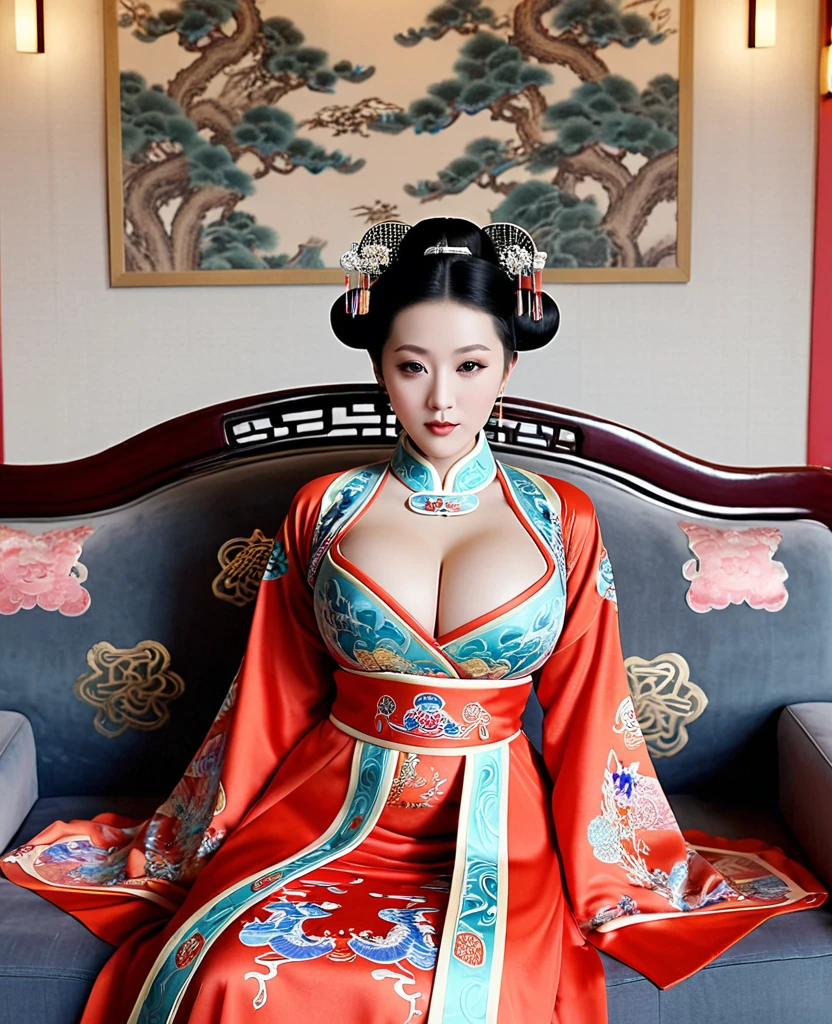 Empress in the palace of the Qing Dynasty、Big breasts, M-shaped porn pose, sitting on a sofa in the empress&#39;s palace with gold dragon embroidery, hair tied up、She is shown in profile wearing a gorgeous Chinese empress&#39;s headdress.。The setting is the palace of the Empress, located within the imperial palace of Qing Dynasty China