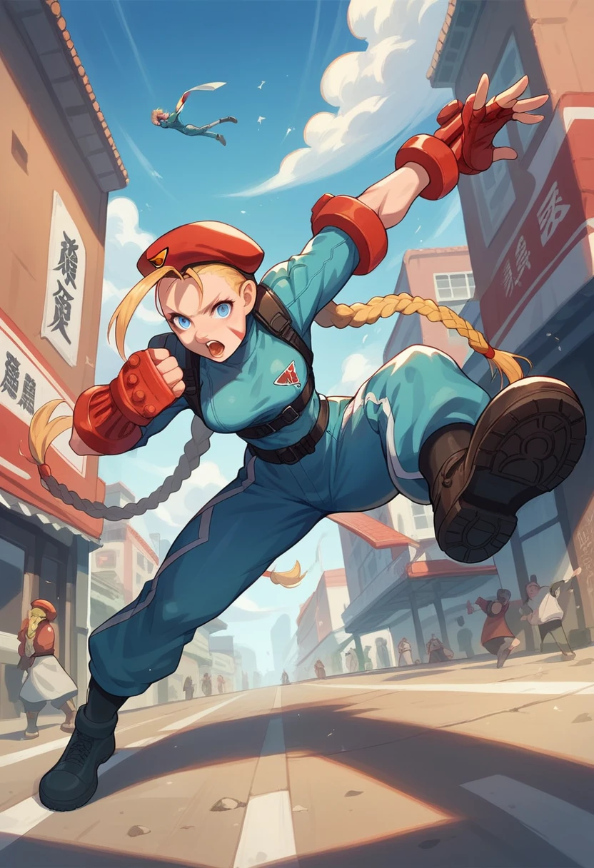 Realistic image of young Cammy from Street Fighter II, kicking over the observer. exterior, Chinese commercial street, Ultra detailed, open mouth, braided pigtails, blue eyes, dynamic pose