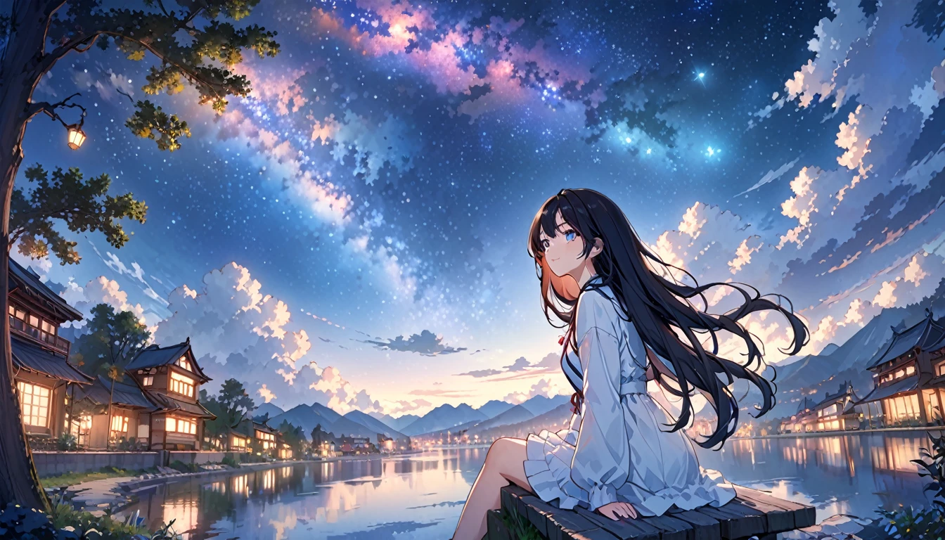 beautiful detailed glow, best quality, octans, sky, star (sky), scenery, starry sky, night, 1girl, night sky, solo, outdoors, building, cloud, milky way, sitting, glassy eyes, tree, long hair, city, silhouette, cityscape, panoramic