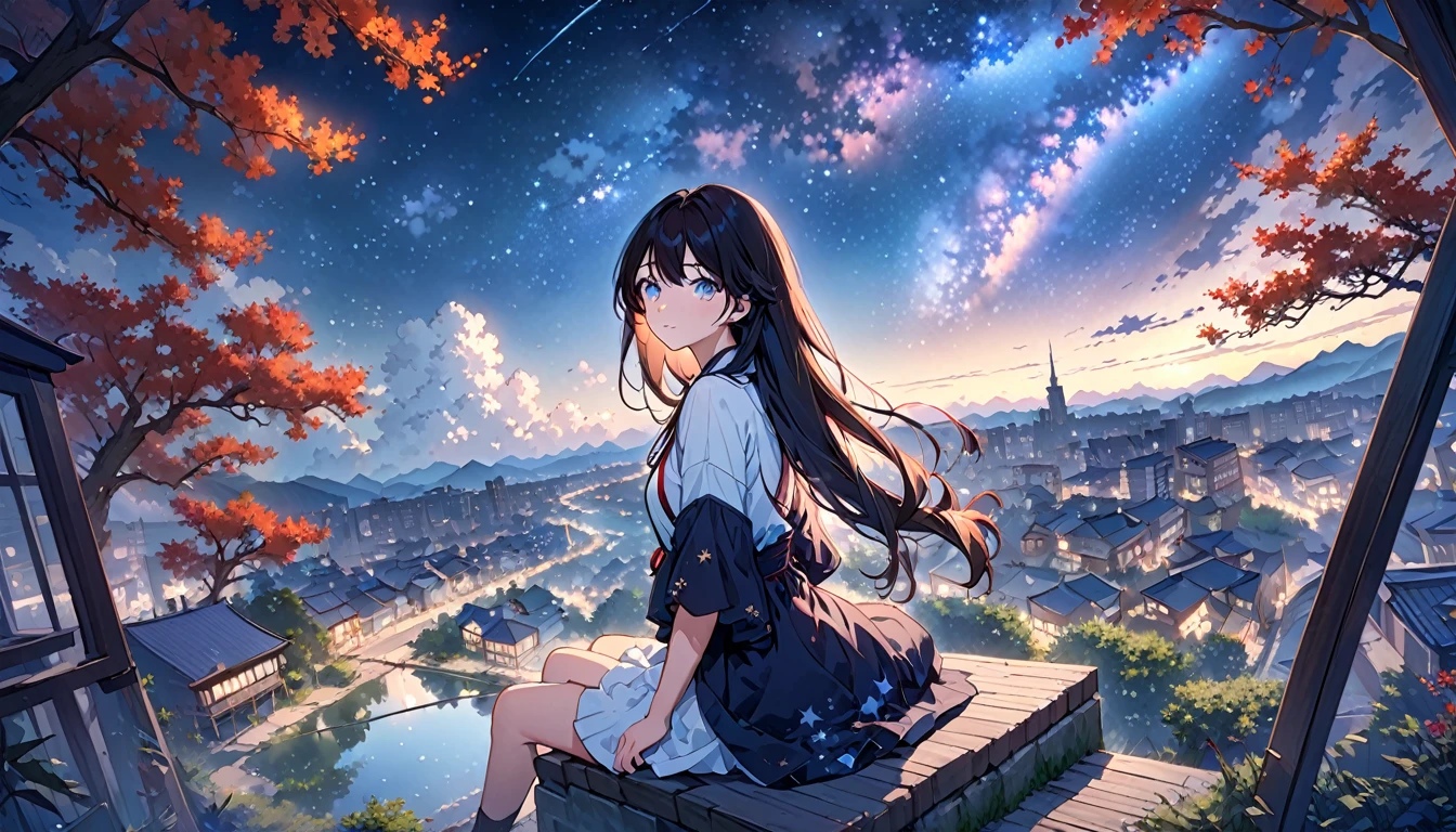 beautiful detailed glow, best quality, octans, sky, star (sky), scenery, starry sky, night, 1girl, night sky, solo, outdoors, building, cloud, milky way, sitting, glassy eyes, tree, long hair, city, silhouette, cityscape, panoramic