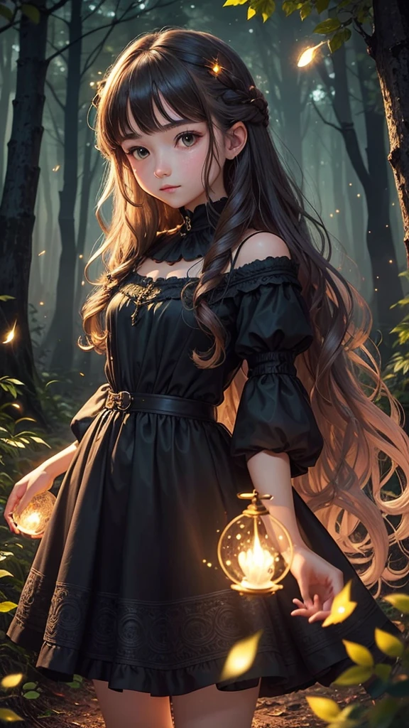 16-year-old, cute, fantasy, fair skin, long wavy hair, dress, night forest, fireflies