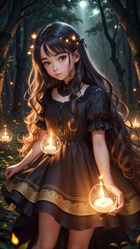1 beautiful little girl, piel suave y cuerpo delgado, cabello largo y negro, ojos rojos, vestido largo de terciopelo negro con joyas de diamantes, paisaje de bosque nocturno, una fogata, luna llena
