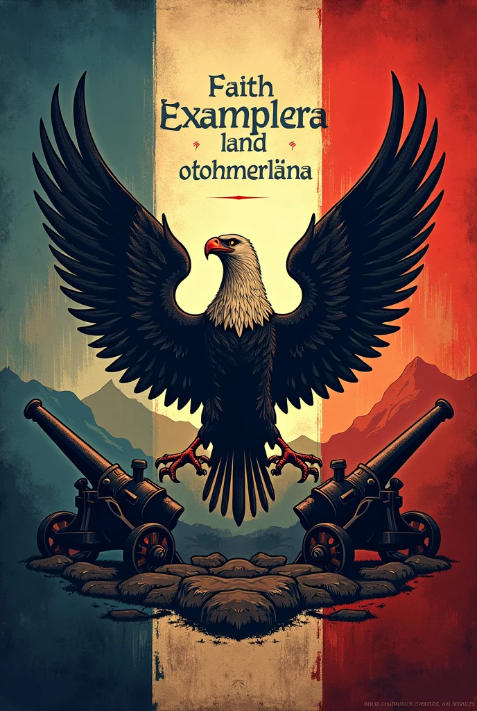 Create a flag with a condor, two cannons, an othomelara mountain and the phrase faith and example in Latin