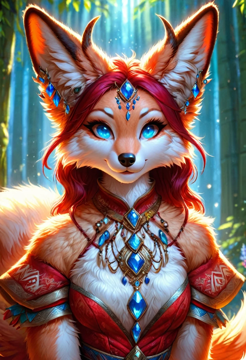 Anthropomorphic kitsune-satyr dutchess. red fur. Crystal blue eyes. Official Art – An Award-Winning Digital Masterpiece In 4K Ultra HD, Extreme Detail And Intricate Realism. Symmetrical Face. This bright and colorful Concept Art Brought To Life By The Hands Of Artists Like Wlop & Artgerm In A Stunning 2D Vector Illustration. Background Is A Panoramic Vista.