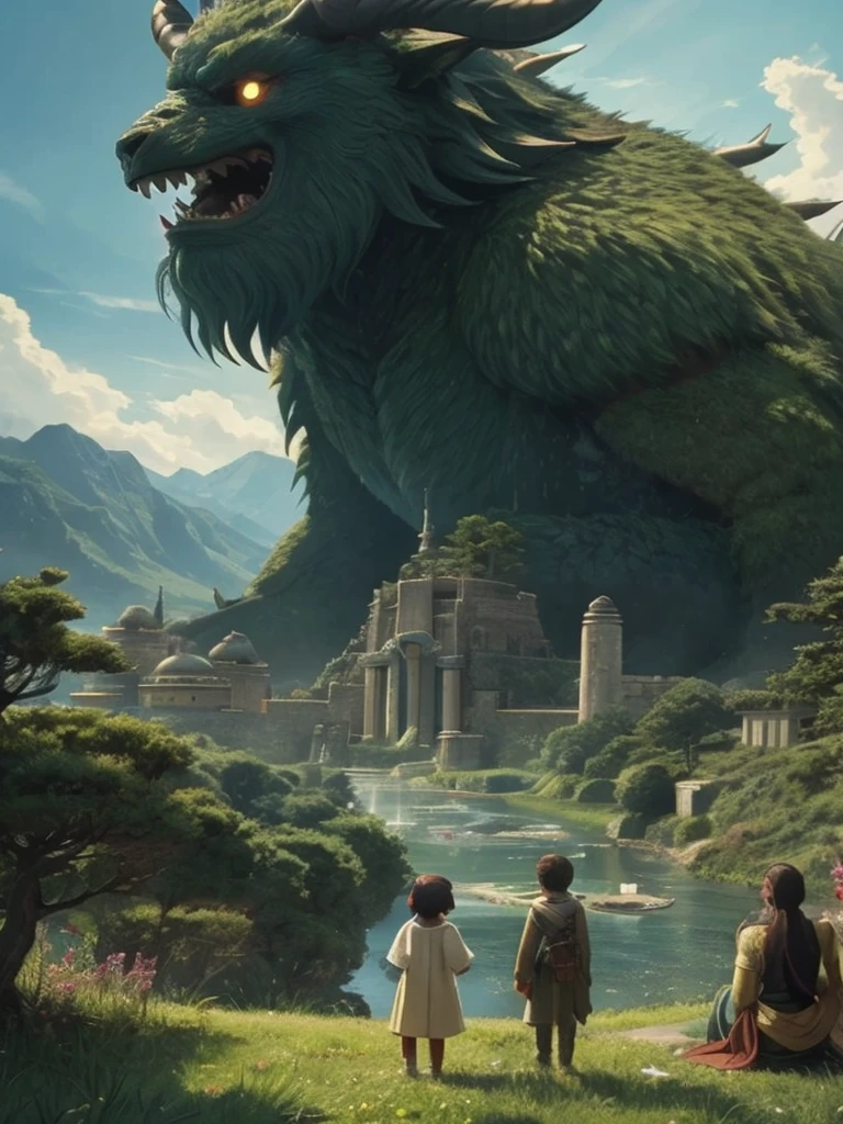 masterpiece, Ghibli,A world where advanced civilization has fallen,wilderness,Monsters and Humans,Overlooking, A delicate touch,Creepy feeling,View of the world,Creatures