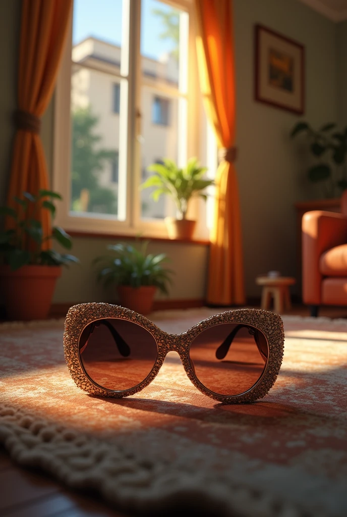 A pair of sunglasses, one of a kind in the world, in a room of an apartment building