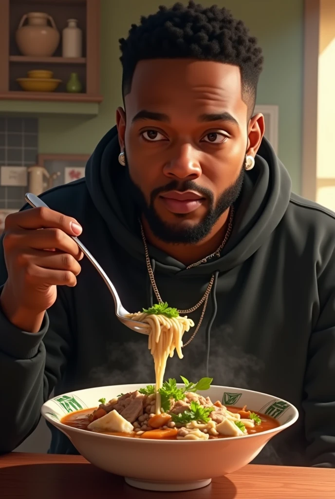 make an image of Kendrick lamar eating sinigang