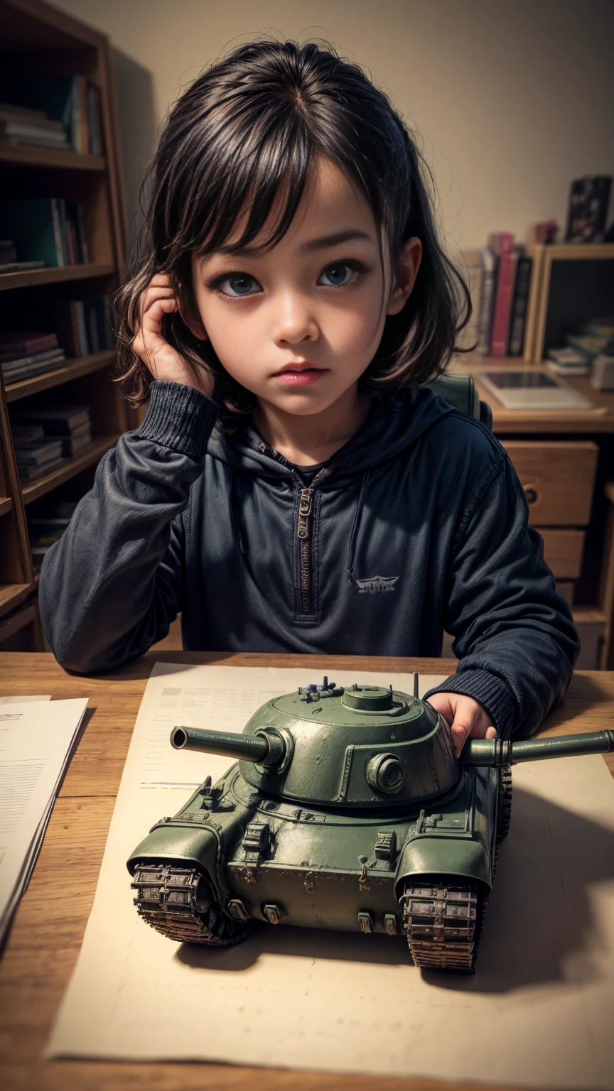 anatómicamente perfecto plano general, 5 dedos,a 5 boy playing with an armored tank toy:1.5, detailed portrait, realistic, hyper detailed, 8k, photorealistic, sharp focus, physically-based rendering, extreme detail description, vibrant colors, warm lighting, intricate details, realistic textures, smooth shading, gorgeous rendering, highly detailed, masterpiece