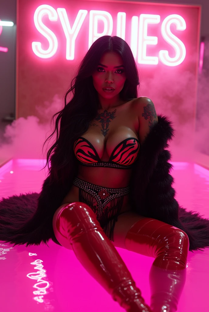 a baddie caramel, latina blasian mixed women with a big booty ,colorful tattoos ,glossy skin extremely long glossy black hair touching the floor, wearing a large long black and red zebra print fur coat, a black diamond bodice with long beading at the bottom red high heel boots ,she is seating inside the pink bioluminescent liquid with a humongous sign in the back in led lights in a front white front with a pink back ground side view with a pink fog background , big booty perfect bidy, hourglass shape,medium boobs