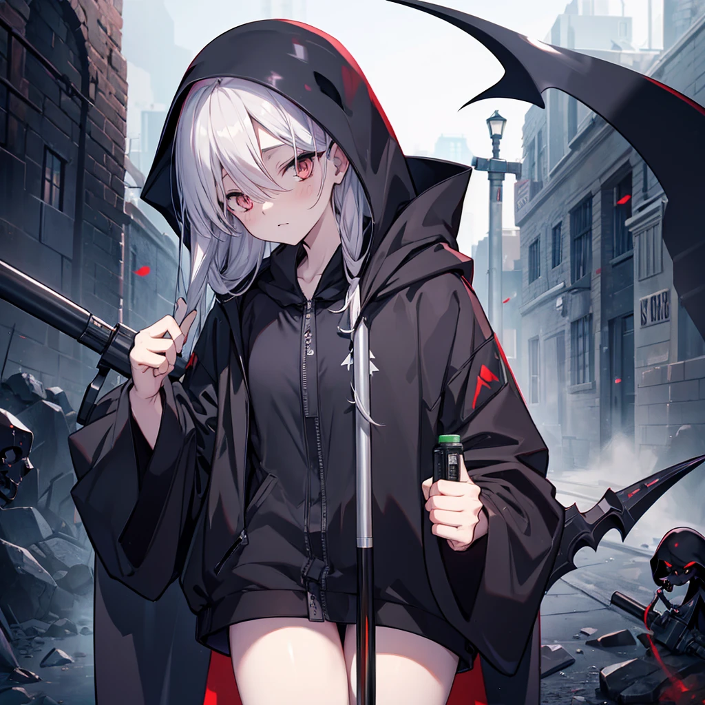 (((Grim Reaper's Scythe))) (((Gray Hair Short Hair blue eyes girl))),((night full moon My own big wings)),(Wearing a hood Black camisole Purple light), A tense look Shining Background Shining Edge