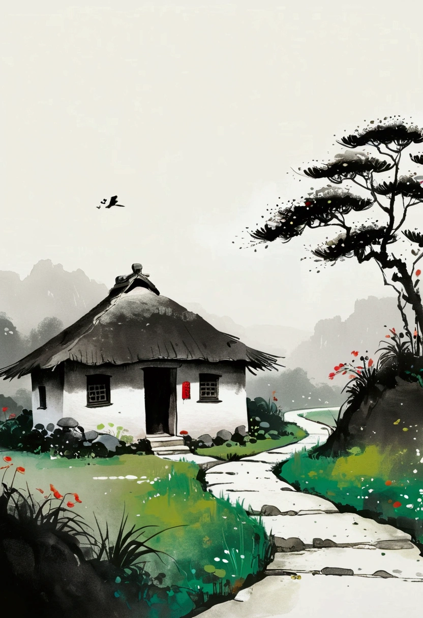 Sky占比2/3.Chinese Ink Painting Sketch：Freehand，artistic conception:2.Dot，A small thatched hut on a winding path - chimney，Minimalism，White background。(((Negative Space:2,Large area of blank:2, Bottom left corner composition)))