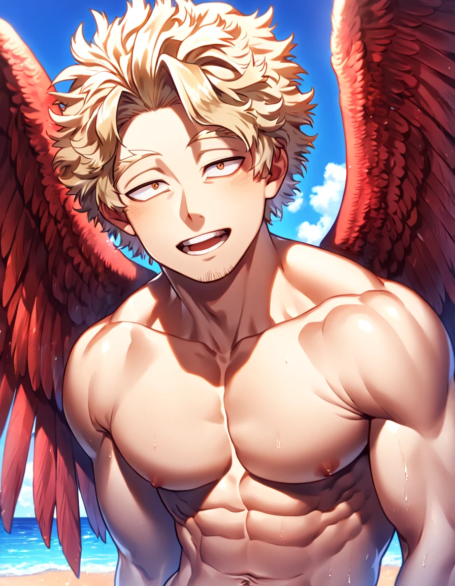 absurdres, highres, ultra detailed, HDR, master piece, best quality, detailed eyes, extremely detailed, delicated features, Hawks, ash-blonde hair, expressive brown eyes, faint stubble, red wings, Boku No Hero Academia, solo, sexy man, handsome, sensual, manly man, erotic, bare chest, summer, sea, beach, blue sky