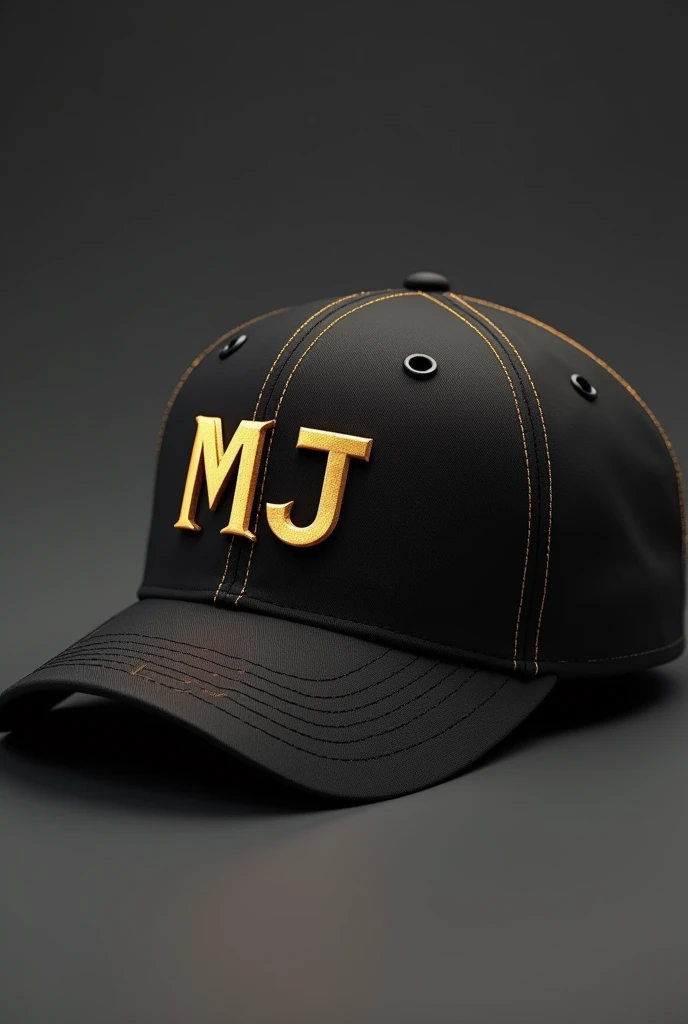 a hat with an aeronautical design in black with gold details containing the letters MJ on the front