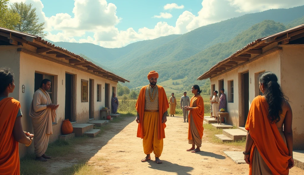:** A depiction of a health center established in a remote area, with Maharaja Ram Singh visiting and interacting with local villagers and medical staff. Include elements such as simple yet functional architecture and rural surroundings.in Dall e-3 style 