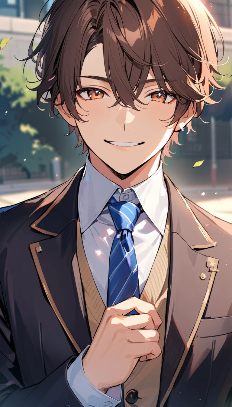 a handsome man, Brown Hair, Short Hair, smile,blazer,Blue tie, high school student