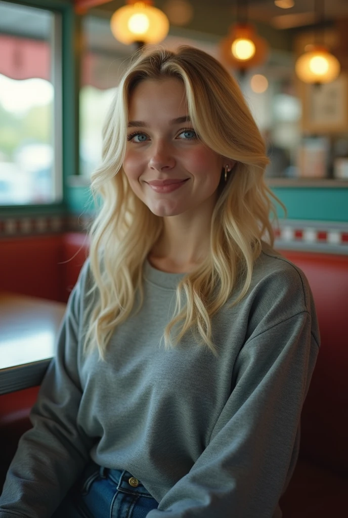 HD screencap from a 2015 romantic comedy movie, a stunningly beautiful, prissy 18-year-old white girl with perfectly-coiffed blonde hair, sparkling blue eyes, and a perfect hourglass figure, sits adorably in a diner wearing a gray sweatshirt and jeans