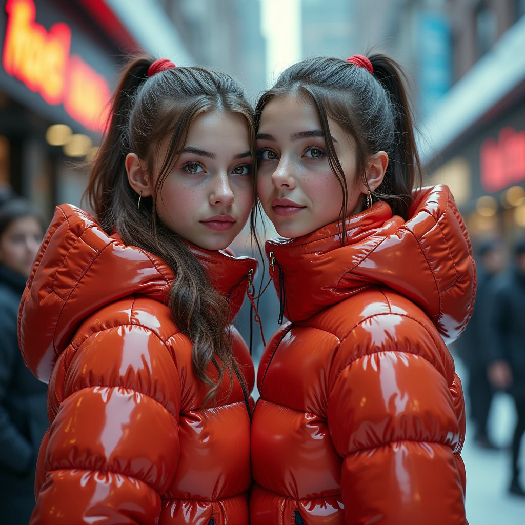 a slim ponytail girl and her bestie,beautiful detailed eyes,beautiful freckles,beautiful detailed lips,extremely detailed eyes and face,longeyelashes, wearing beautiful detailed close-hooded formfitting pyrenex overfilled shiny super gleamy super thick glossy puffer jacket covering her super padded skisuit,latex leggings with moon boots,symmetrical,standing in a pufferstore,masterpiece,cinematic,lifelike,hyperrealistic,8k,photorealistic,highly detailed,intricate,exquisite,elegant,beautiful,stunning