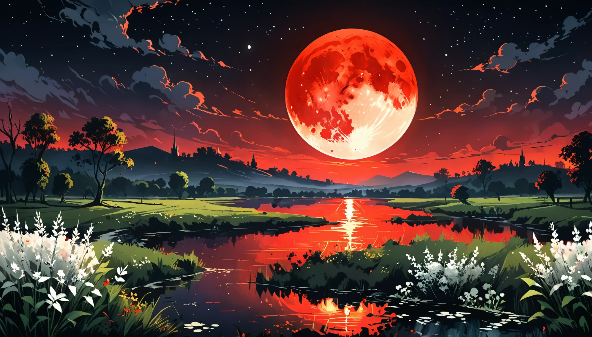 [in style of Charles-Francois Daubigny]
(landscape scene concept design, long shot),night,white plant,multicolor fluorescence,solo only burning blood red  moon