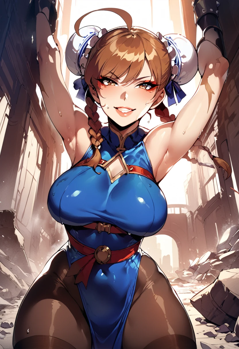 masterpiece,best quality,extreme detail,8k,cammyfn, 1girl, solo, long hair, breasts, blue eyes,brown blonde hair, large breasts, gloves, red hat, braid, ahoge, twin braids, leotard, lips, makeup, beret, scar, antenna hair, nose, harness, huge ahoge, green leotard,sleeveless, sweaty,sweat, exhausted,sleeveless,cross eye, full body , 1girl, (solo:1.2), (jumping:1.3), (mid air:1.3), (cowboy shot:1.5), smile, happy, (masterpiece:1.3), (best quality:1.3), (perfect anatomy:1.4), highly detailed, chun li, brown eyes, short hair, double bun, bun cover, blue dress, pelvic curtain, spiked bracelet, sash, brown pantyhose, (post fight scenery:1.3), rubble, outside, daylight, nyantcha, expressive faces, anime-inspired, (cell shading:1.2), lips, merging
