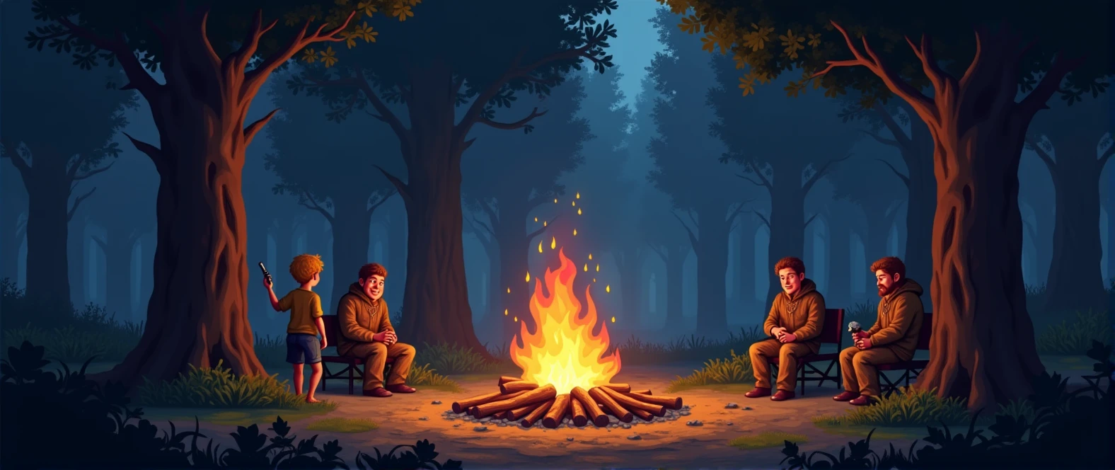(best quality,4k,8k,highres,masterpiece:1.2),ultra-detailed,(realistic,photorealistic,photo-realistic:1.37),pixel art,rpg characters,characters around campfire,night forest scene,warm campfire lighting,detailed environment,moody atmosphere,vibrant colors,dynamic composition,intricate details,atmospheric lighting,fantasy art style