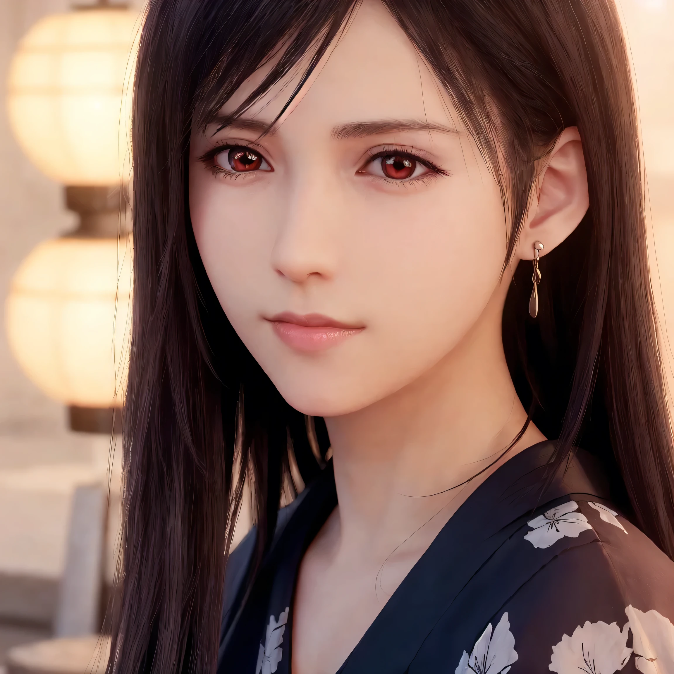 tifa lockhart,red_eyes,black hair,long hair,earrings, jewelry,((female)),Solo,(20yo:1.3),(japanese,cool beauty:1.2),(photo realistic,perfect anatomy:1.3),(hyper detailed, masterpiece:1.2), best quality,RAW photo, exquisite, beautiful ,From Behind,((Cowboy Shot)),sharp focus, depth of field ,blur background, bokeh ,Lens Flare, Ray tracing,Cinematic lighting,(detailed face),((yukata)),folded fan,((put hair in ears)),Looking Over Shoulder,Half Smile,blush,black hair