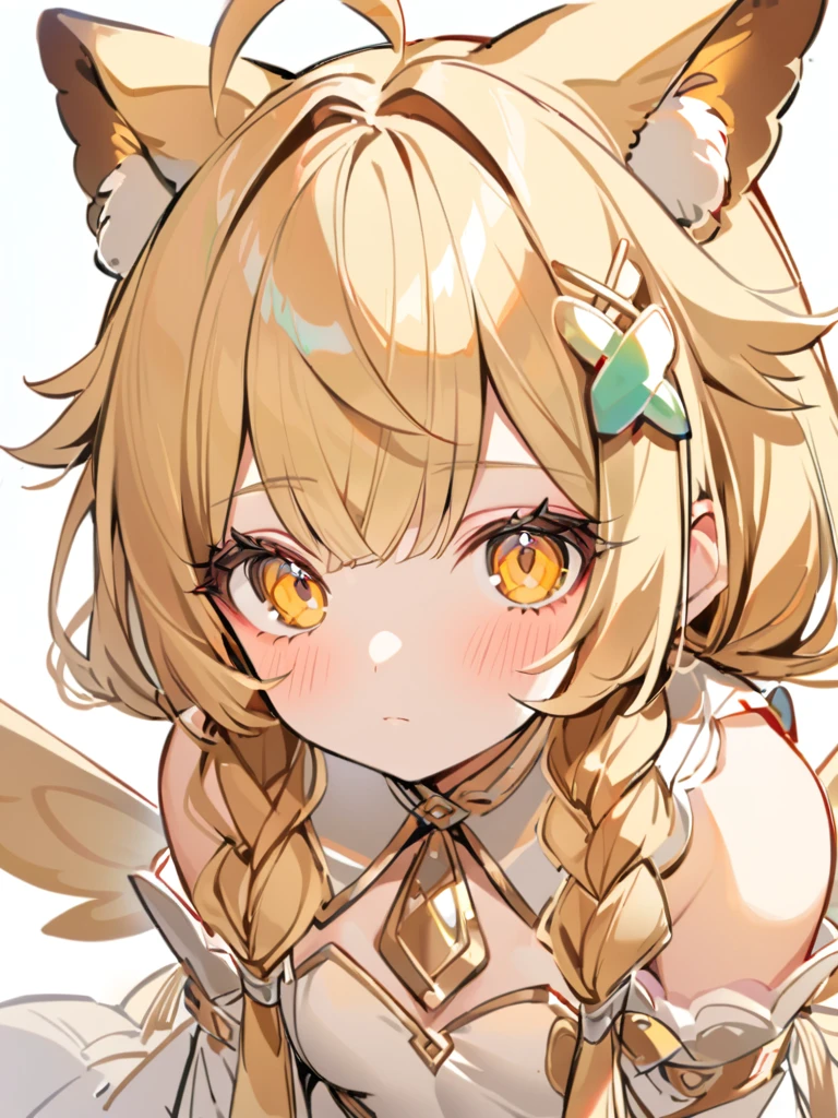 1girl, ahoge, animal ears, bangs, bare shoulders, blonde hair, blush, closed mouth, eyeshadow, hair ornament, hairclip, long hair, looking at viewer, portrait, sketch, solo, upper body, white background, x hair ornament, yellow eyes,moth ears, white clothes, eyelashes in the form of wings, hair tied in two braids, beige shimmers with white, white at the tips,full-length, separate fluffy collar,, gradient at the ends of the hair is white,It stands, in full height, from head to toe , come up with clothes,white slippers, bare belly, separate tight-fitting long sleeves,chest, shorts, trousers, separate fluffy collar, fluff,White stockings with bloomers  