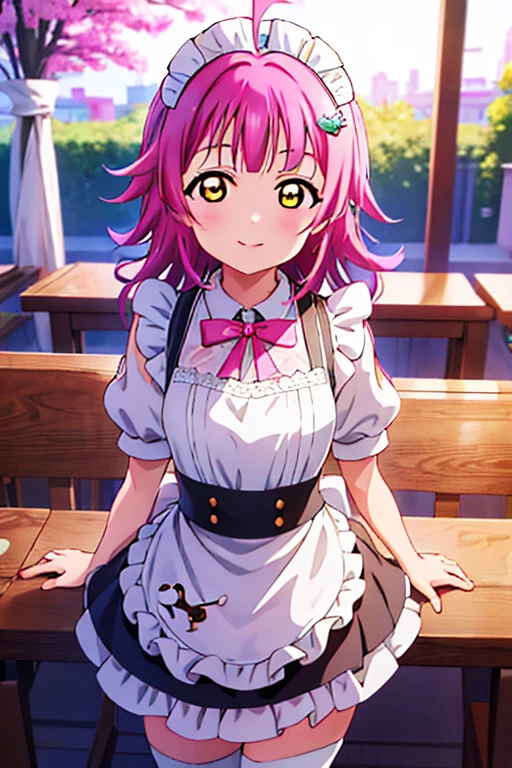 Highest quality、masterpiece、One Girl、alone、anime、Anime Screencap、Ray Tracing、Global Illumination、ultra hi resolution picture、Vivid colors、Light on the face、Glowing Eyes、Depth of written boundary、Detailed Background、cute、Straight、smile、Watch Viewers、Love Live!、whole body、Coffee shop、Maid clothes、Tennoji Rina
