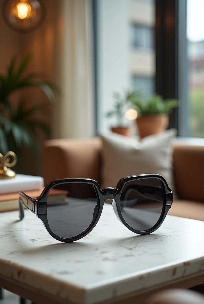 A unique and stylish pair of sunglasses in a room in an apartment building