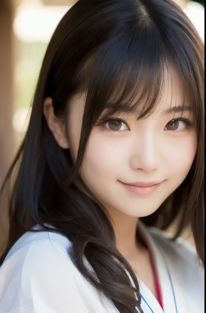 best quality, face focus, soft light, ultra high res, (photorealistic:1.4), RAW photo,(Shinozaki Ai), white skin, kawaii, 1 Japanese girl, solo, cute, (smile), (pupil, lights in the eyes), detailed beautiful face, Medium-sized breasts,(high resolution detail of human skin texture),(long hair),(portrait), upper body, white traditional kimono