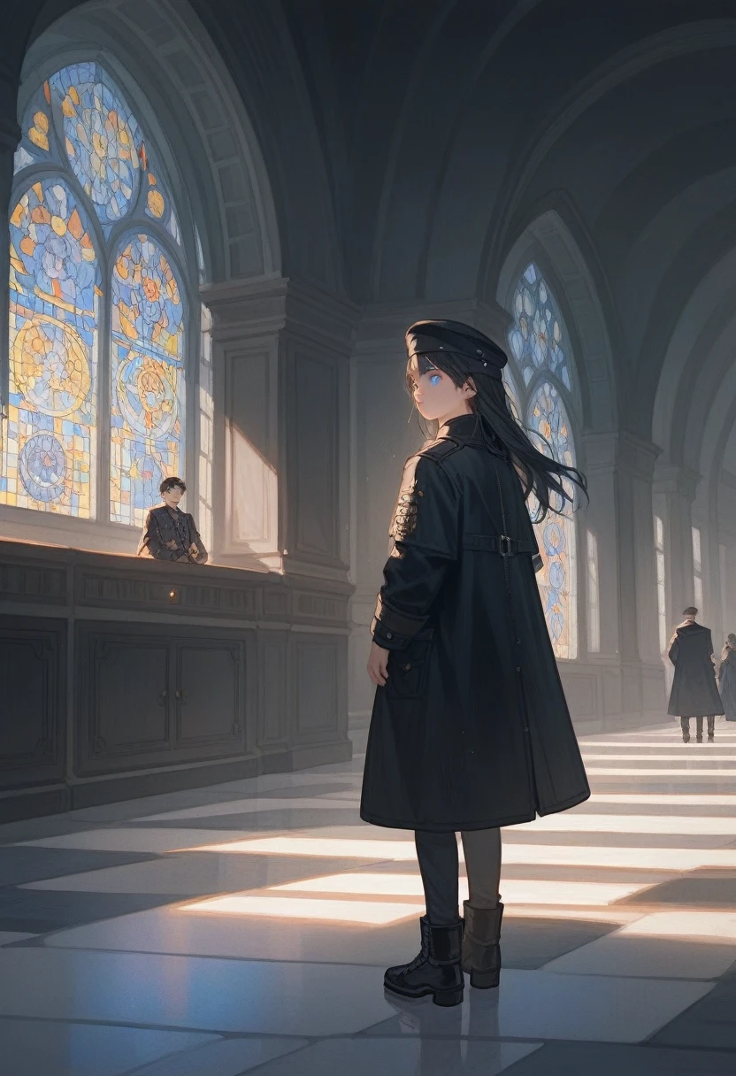 Twelve-year-old boy,Medieval style,Black trench coat,Standing,whole body女恋,站在side,side对观众,Far from the audience,calm,high quality,8k,Ultra HD,masterpiece,Detailed facial depiction,Blue Eyes,Black Hair,Berets,Scholarly demeanor,young,Preschool,Black trench coat,whole body,Preschool,Pocket watch in hand,Medium long hair,(side对着观众),side,Turn your head to look at the audience,whole body