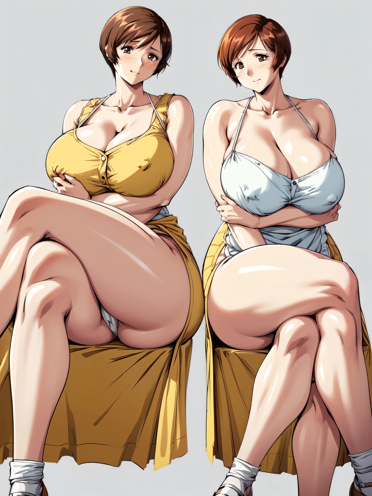 masterpiece, Highest quality, High resolution, One girl, alone, sexual intercourse, Pornographic images, short hair, etsukoto, Brown eyes, fine grain, fine grain, (((white skin color))), (((Thick thighs, Plump thighs, Voluptuous thighs, Thighs alone are enough))), ((Huge and enough breasts, Cleavage, Big long breasts)), Naughty big,((Big breasts are important))、((Naughty thighs)), L Cup, (thin:1.4),(Tight waist:1.4), (Yellow Dress:1.4), ((white waist apron)), ((White panties)), (((Simple Background))), smile, Open your mouth, ((Wide Hips)), (Shiny skin, Oily skin), Mature mother, Calf, Seductive mature woman, Mature Woman, Perfect body, Plus Size Model, Curvy, enough, etsukoto, blush, clavicle, retro artstyle, 1990s (style), (Thick thighs:1.4), ((bursting breasts, Overflowing breast, Super huge breasts)), (from side:1.2), (((((bare legs, crossed legs))))), (nsfw),