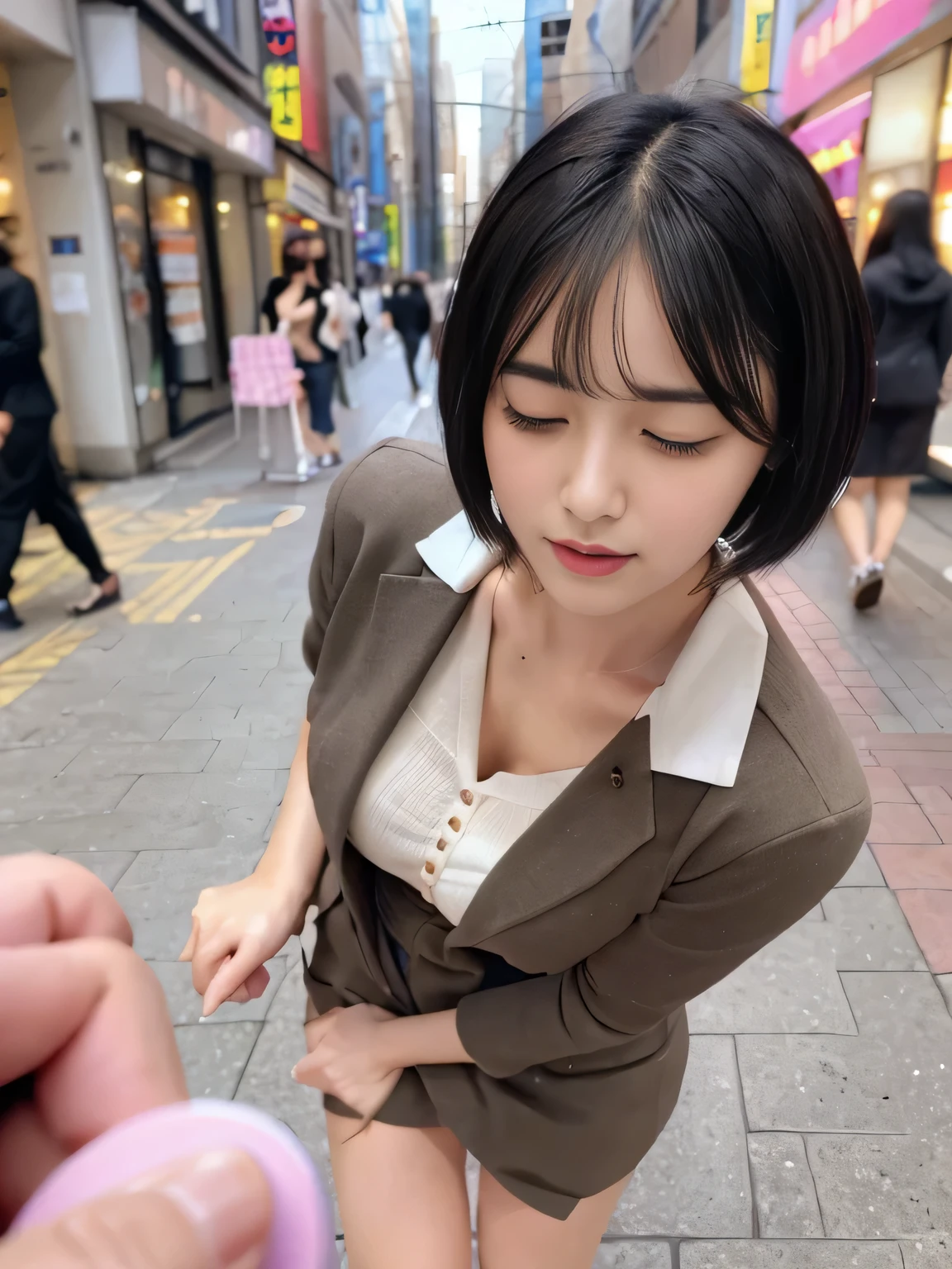 (Remote Play), ((Secretary uniform)),Office Lady、 On the street, (close your eyes, Open your mouth, Slouching posture), 1 Female, solo, 19 years old, 7 heads, Ideal body proportions, Erect nipples, Sexy Body, short hair, Black-haired, , Slender, Large Breasts, Beautiful feet, Thin legs, Surrealism, Cinema Lighting, Depth of written boundary, First Person View, debt/1.8, 135mm, んdebtdebt, Tabletop, Accurate, Anatomically correct, Textured skin, Super Detail, Attention to detail, high quality, Awards, 最high quality, High resolution, 8k