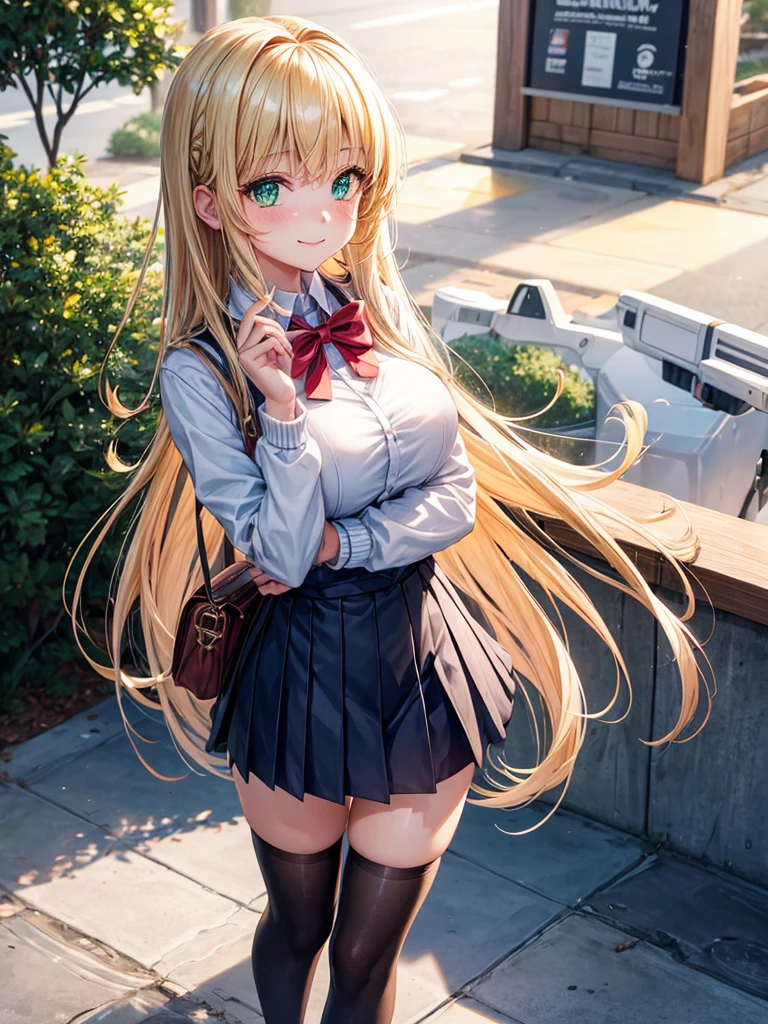 absurderes, ultra-detailliert,(in 8K:1.3),masuter piece,extremely beautiful detailed face and eyes, (Close one eye and smile:1.4),(School Uniforms:1.2), (gals:1.3), (White shirt:1.3), (Wrap a beige cardigan around your waist:1.3), ((cleavage, Unbuttoned):1.2),medium breasts,(Plaid pleated skirt:1.2), (Necklace,Colorful bracelets,(Loose white socks:1.4),(A bracelet:1.2),(standing on a country road:1.2),(countryside view:1.3)Skysky,(Smooth straight blonde hair:1.3), (Hair parted in the middle:1.3),(Shiny hair:1.2), Delicate beautiful face, (red blush:1.2)、(Deep Blue Eyes:1.3),(Black loafers:1.3),(Full body:1.3)
