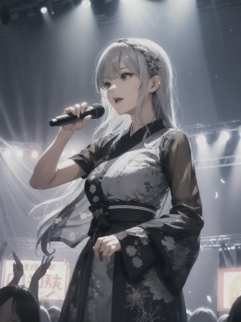 A young woman with grey hair is singing with a microphone on a stage at night。She is wearing a stylish Japanese outfit.、Shining in the light。The woman has long, soft wavy hair.、Shining in the light。Silhouettes of spectators can be seen in the background.、There are many spotlights on the stage、Creates a fantastic atmosphere。Confetti falling、The entire stage is enveloped in a glamorous yet mysterious atmosphere.。