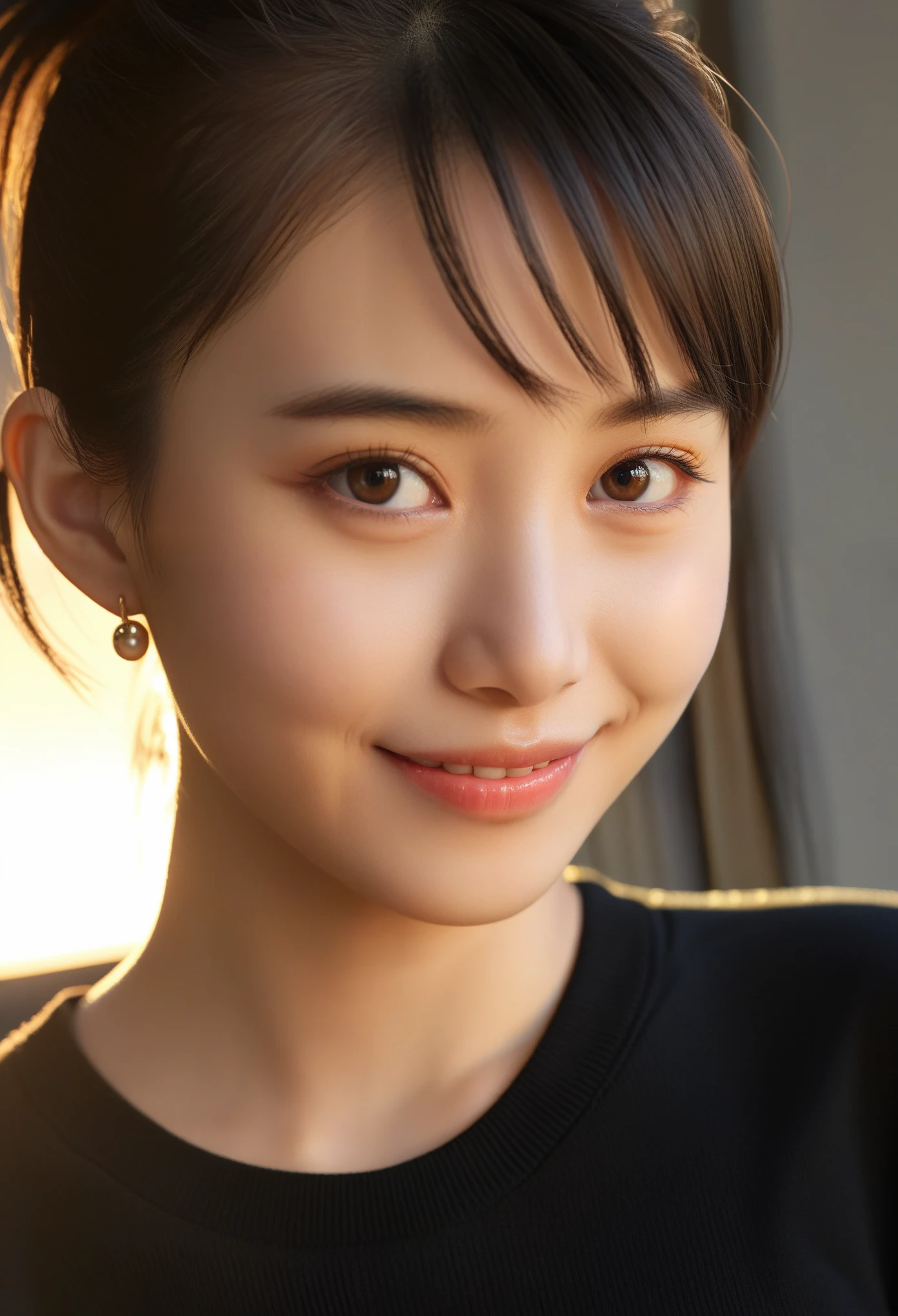 Highest quality, 超High resolution, (Realistic:1.4),Sunset Light, ponytail, Japanese women, Detailed Photos, smile, sexy, Black Shirt, To the camera, close (masterpiece: 1.3), (8k, Realistic, Highest quality: 1.4), (One cute girl), Beautiful Face, (Realistic Face), (Black Hair, short hair: 1.3), Beautiful hairstyle, Realistic eyes, Beautiful details in the eyes, (Realistic Skin), Beautiful Skin, (sweater), Absurd, Charm, Super High resolution, Ultra-realistic, High resolution, Golden Ratio