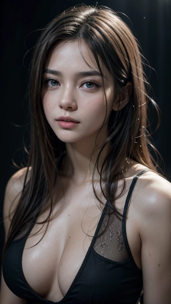 1 woman, soaking wet, semi-long brown hair, sheer shirt, large breasts, realistic wet effect, dim background, beautiful detailed eyes, beautiful detailed lips, extremely detailed face, longeyelashes, high quality, 8k, ultra-detailed, realistic, photorealistic, photo-realistic, HDR, UHD, studio lighting, ultra-fine painting, sharp focus, physically-based rendering, extreme detail description, professional, vivid colors, bokeh, portrait