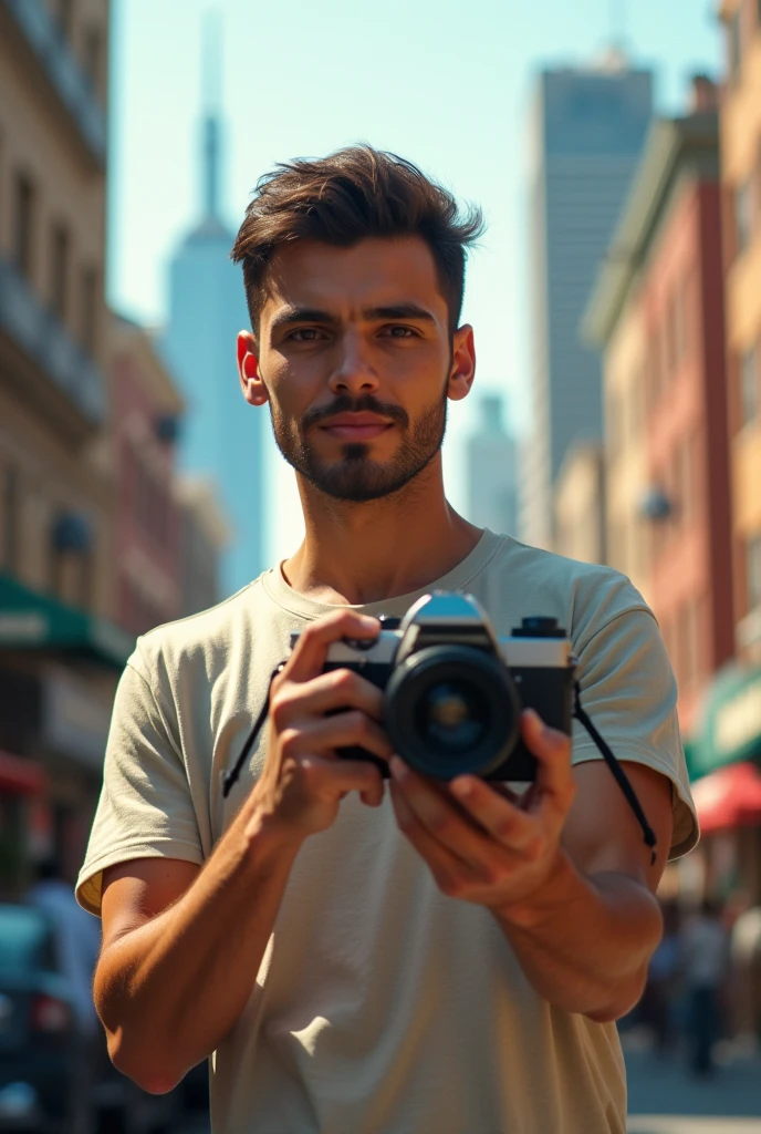 Make a man, taking a picture with a t-shirt 