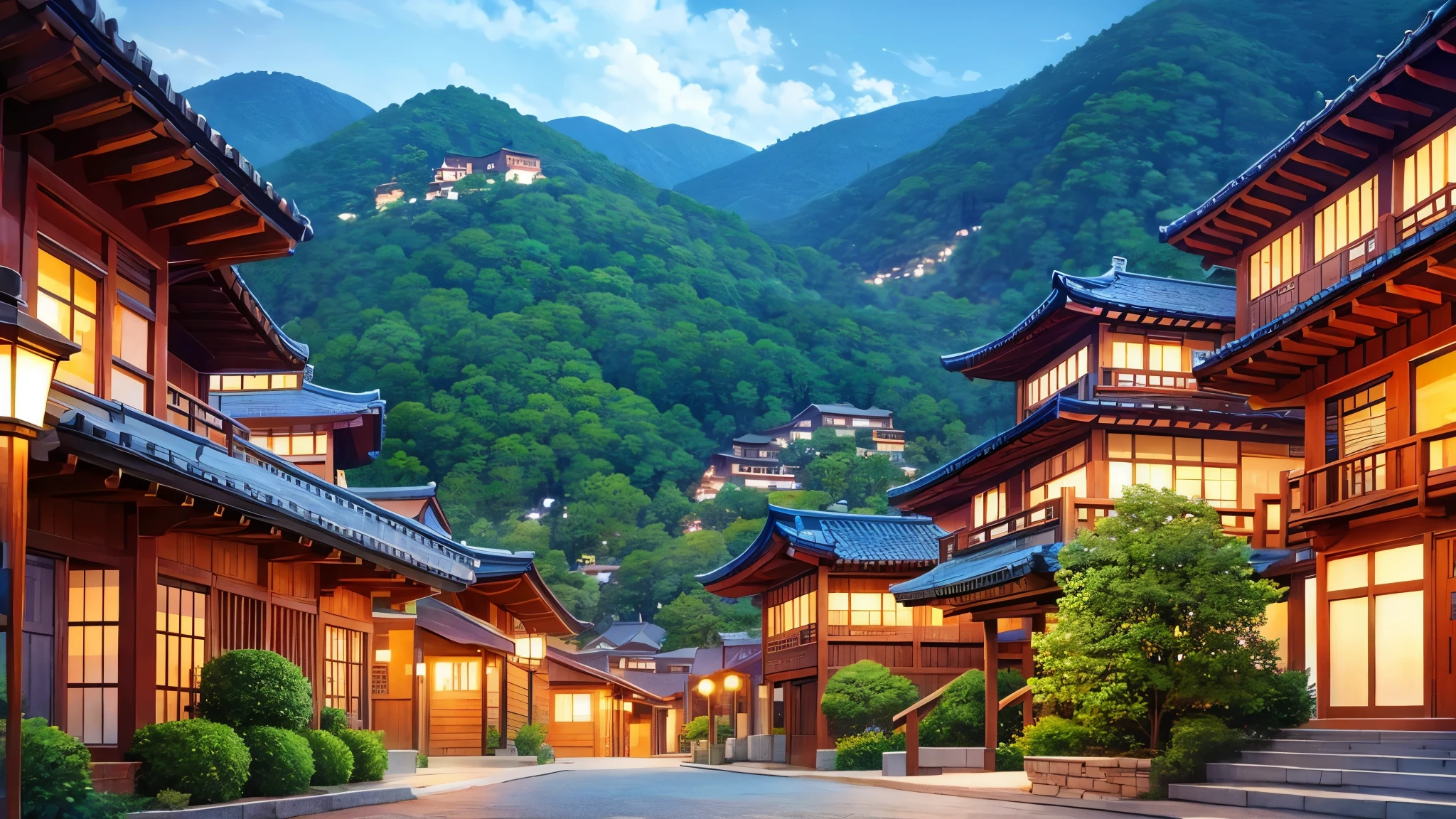 a tranquil korean village,closely nestled houses,vibrant colorful houses,vibrant lighting,warm inviting atmosphere,detailed depiction,wide range,anime style