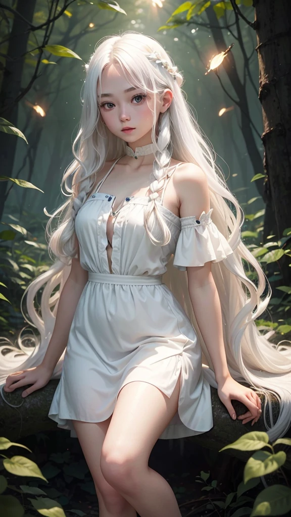 20 years old, cute, beautiful, fantastic, white skin, long wavy white hair, dress, night forest, firefly