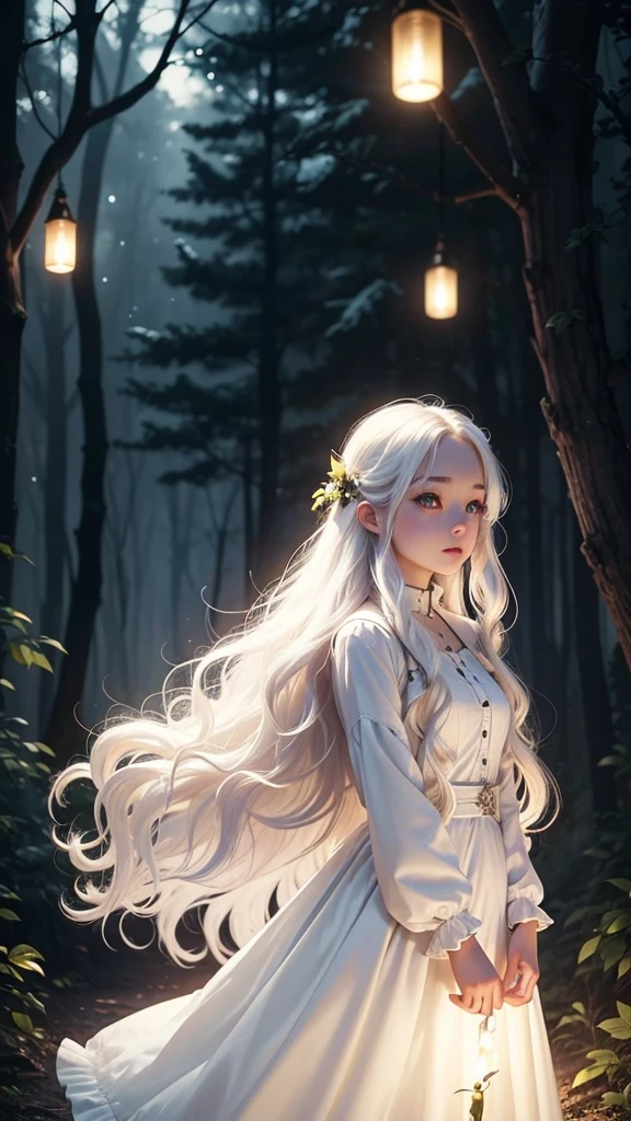 20 years old, cute, beautiful, fantastic, white skin, long wavy white hair, dress, night forest, firefly