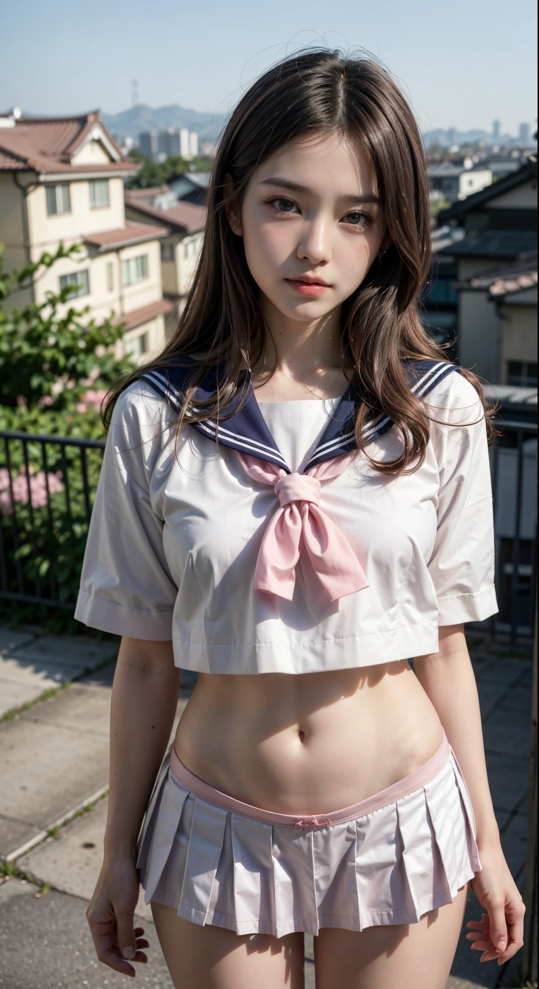 (best quality, 8k, 32K, table top, nffsw:1.2), (original photo), (realistic), (realistic:1.2), (high resolution), giant file size, very detailed, very beautiful face & eye, 1 girl, (~to, 14 years old:1.2), junior, round small face, thin waist,  giant, slender proportions, (Japanese sailor suit, sailor fuku, angel, Japanese school pink sailor uniform, pink pleated skirt:1.27), (밑to서부터, white thong, groin:1.24、the wind turns the skirt、white Panties)、 thighs exposed, shooting from below、 Rooftops of the City of Dawn,