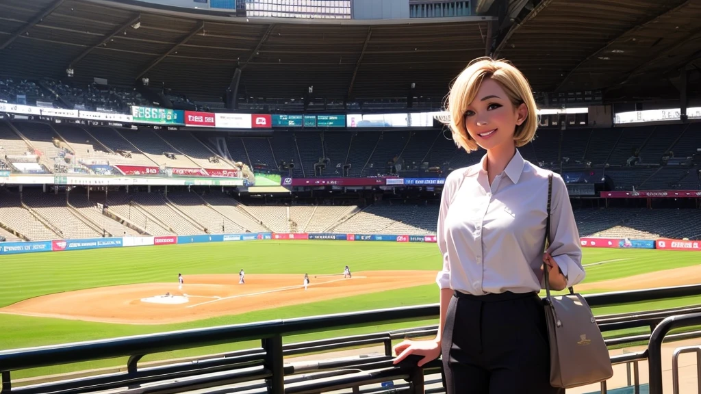 A female announcer is broadcasting live from Koshien Stadium.。Blonde Short Hair。Sexy smile、front。In a suit、Single