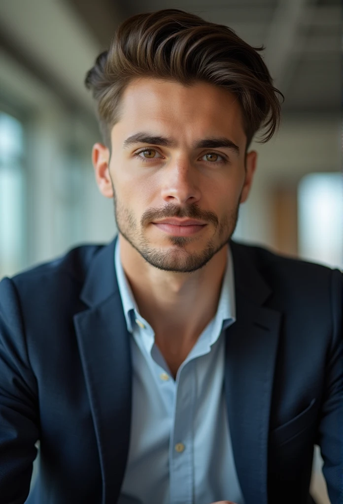 professional, (4k photo:1.1), (Dittmann Anna:0.3), (Arrian Mark:0.3), (Sharp Focus:1.3), high detail, wear fashionable clothes, beautiful detailed face, Brown eyes, asymmetric haircut, (attractive young man:1.3), body shape, Office with desk
