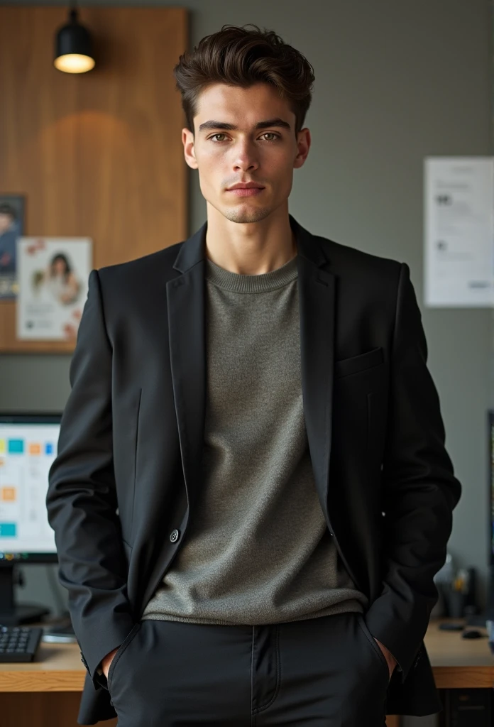 professional, (4k photo:1.1), (Dittmann Anna:0.3), (Arrian Mark:0.3), (Sharp Focus:1.3), high detail, wear fashionable clothes, beautiful detailed face, Brown eyes, asymmetric haircut, (attractive young man:1.3), body shape, Office with desk
