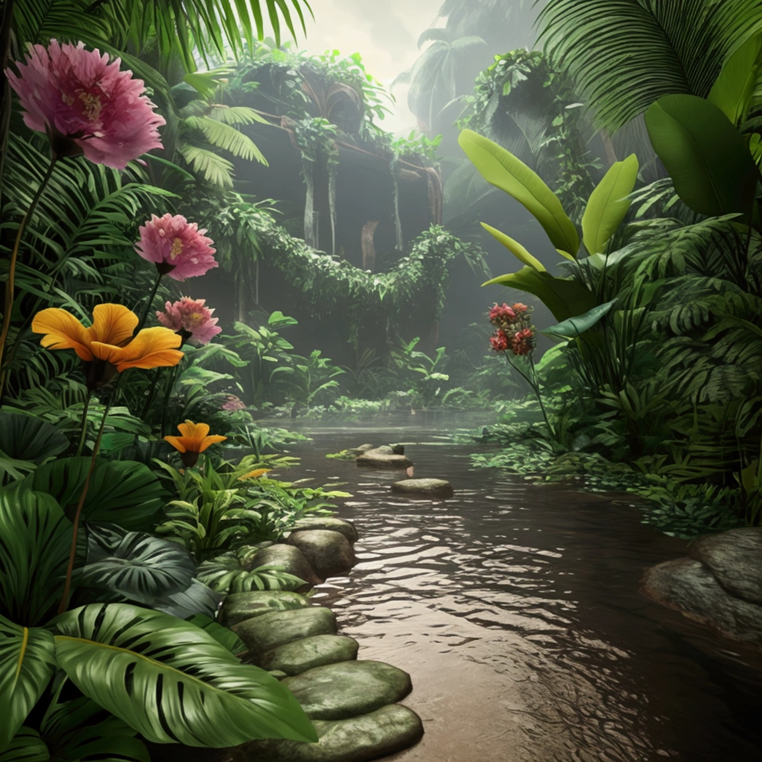 unreal engine 5 render, jungle, river, flowers, extremely detailed, colorful