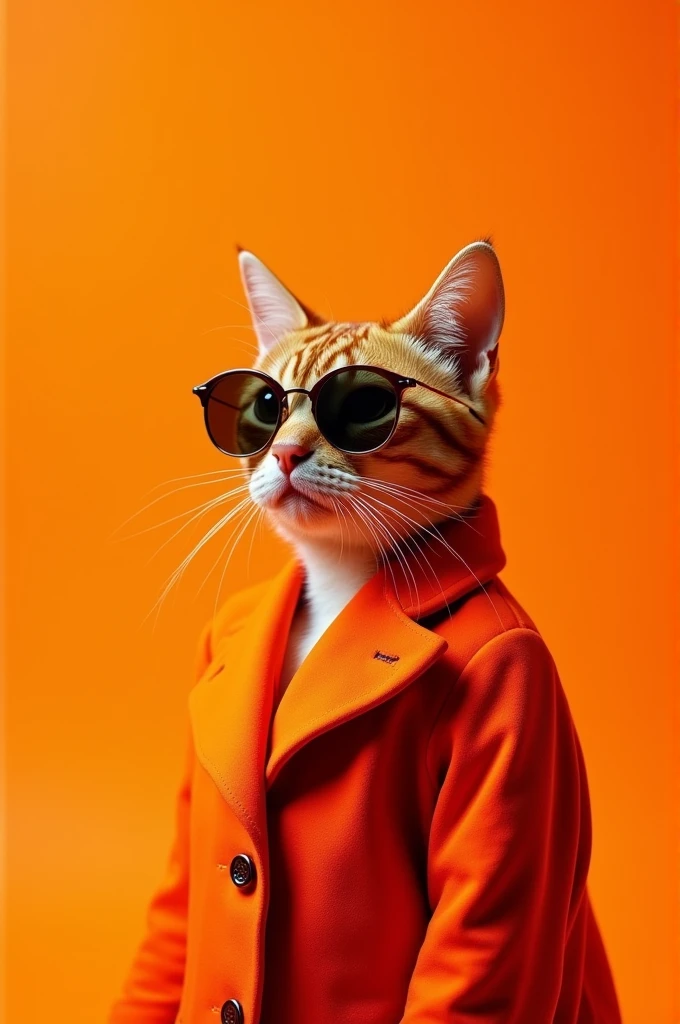 The best mobile wallpaper, Award-winning wallpaper, Portrait Photography, In front view is a portrait of a cute cat wearing 1960s mid-century space-age fashion, Side view shot, Shot with Canon EOS R5, Setting a stark contrast that accentuates the subject, Fluorescent orange shade, Wearing a very fashionable lounge coat and sunglasses are a hip 1960s style, Clothing all in one color, Beautiful background